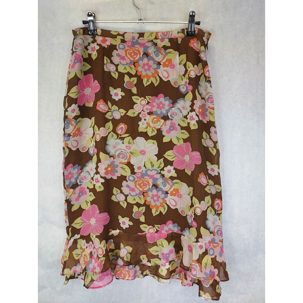 Silkland A-Line Midi Ruffle Skirt Women's 8 Silk Lined Floral Old Money Luxury